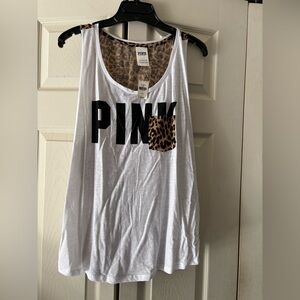 PINK Victoria's Secret Women's White Tank Top with Leopard Pocket/back L NWT